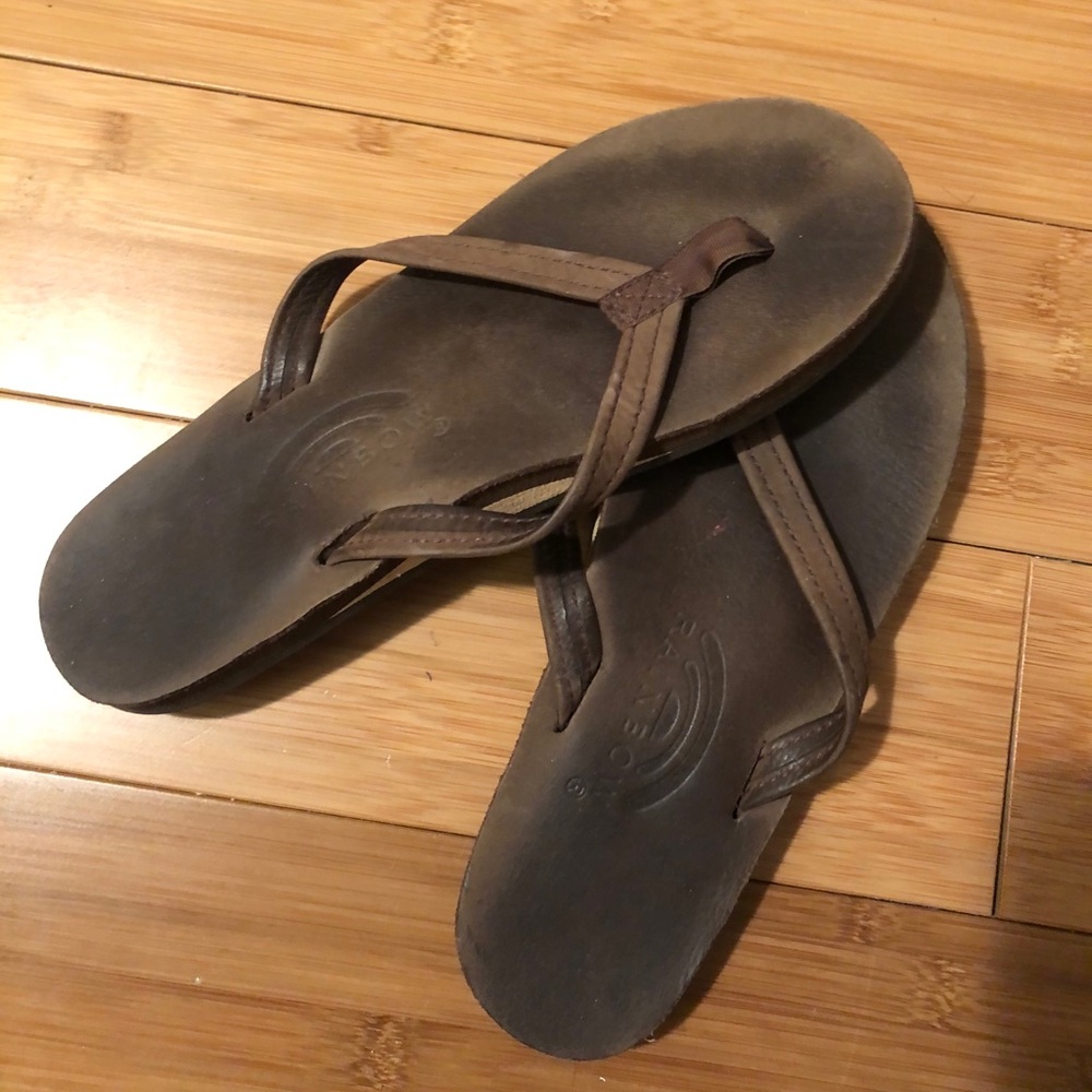 Rainbow brown leather flip flops